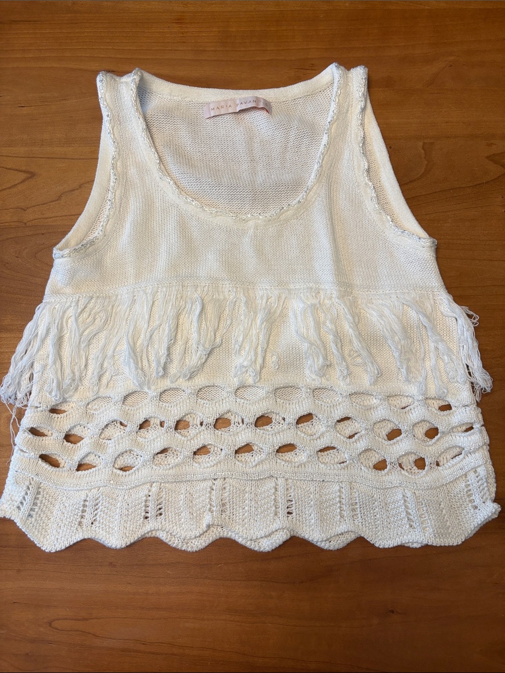 Maria Pavan White Crochet Fringe Tank Top - Size S